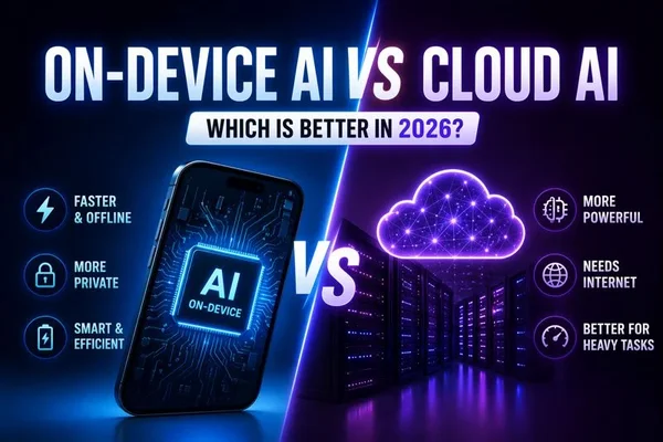 Infographie comparant l'IA générative sur appareil mobile : traitement local vs cloud, avec un smartphone à gauche et des serveurs cloud à droite, illustrant les avantages et inconvénients de chaque approche.