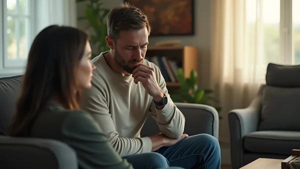Un couple blanc assis sur un canapé dans un salon, face à face, les expressions graves et préoccupées, illustrant une conversation tendue sur le silence relationnel