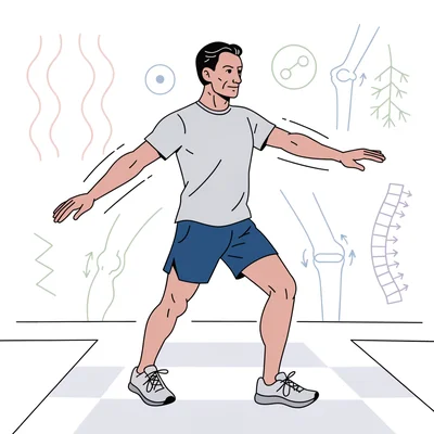 Illustration d'un homme d'environ 45 ans effectuant un échauffement dynamique par des balancements d'arts dans une salle de sport éclairée, symbolisant la préparation musculaire et articulaire avant l'effort physique.