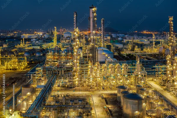 Vue nocturne d'une vaste raffinerie de pétrole illuminée, avec ses hautes tours de distillation, ses cuves de stockage et un réseau complexe de tuyauteries se détachant sur un ciel bleu sombre.
