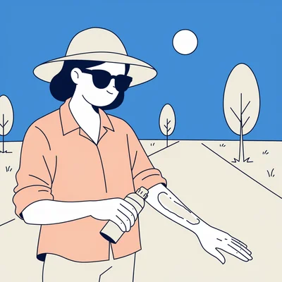 En randonnée, une personne applique généreusement de la crème solaire sur son avant-bras, avec un chapeau, des lunettes et une chemise à manches longues pour compléter sa protection.
