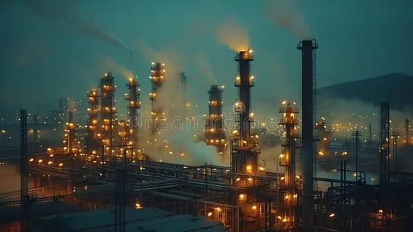 Raffinerie de pétrole vue de nuit, éclairée par de nombreuses lumières, avec plusieurs hautes tours de distillation d'où s'échappent des panaches de fumée et un enchevêtrement de tuyauteries.