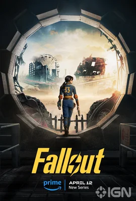 Affiche officielle de la série Fallout montrant Lucy, vêtue d’une tenue bleue marquée du numéro 33, à l’entrée d’un désert en ruines baigné de soleil.