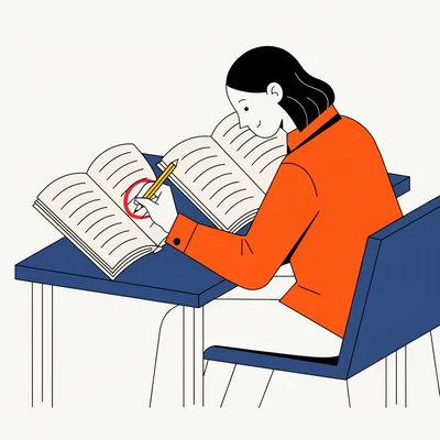 Un étudiant corrige un exercice d’annale au crayon en comparant sa réponse à un exemple dans son cours ouvert.