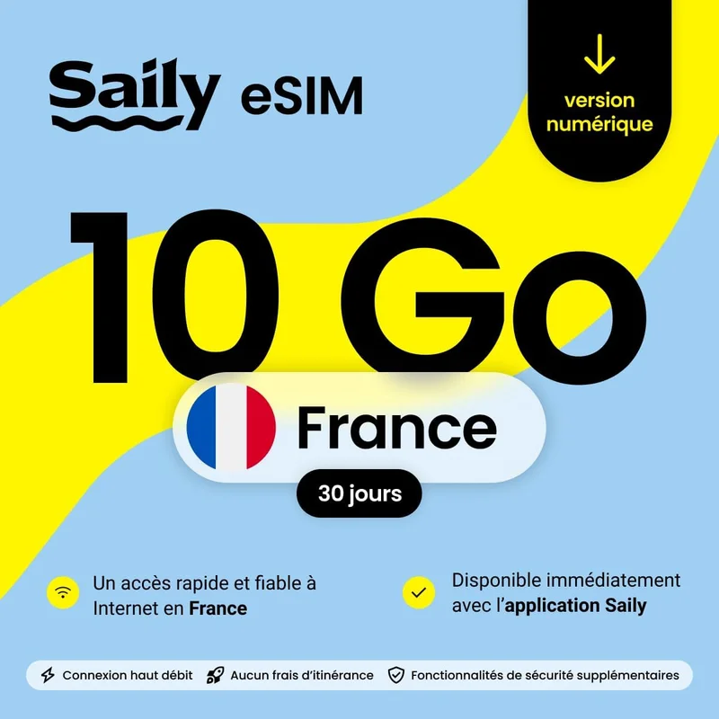 Saily, forfait de données eSIM pour la France, 10 Go/30 jours, fonctions de sécurité, code numérique │ France