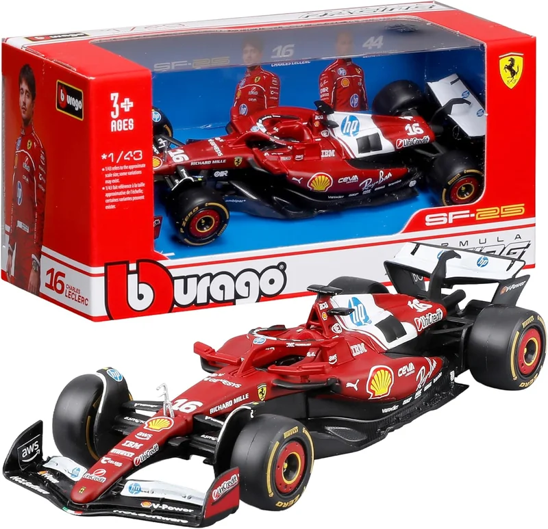 Bburago Ferrari SF-25 F1 2025#16 Leclerc, miniature réaliste de la voiture F1, avec licence officielle Ferrari, recommandée à partir de 3 ans