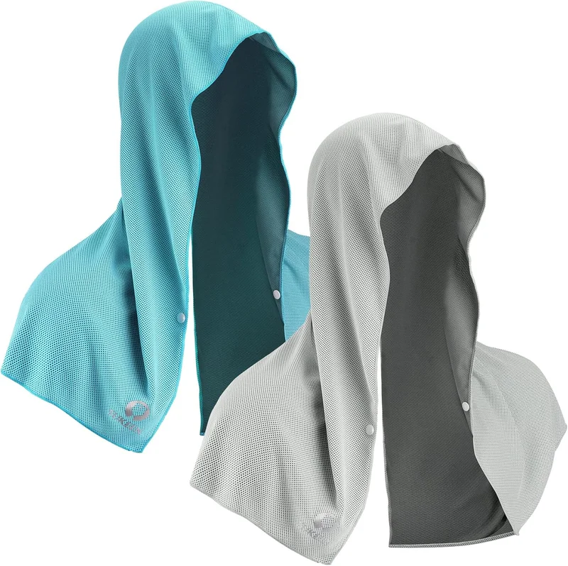 Sukeen 2 Pack Cooling Towel with Hood Neck and Face Quick Dry Absorbent Cooling Microfiber Towel for Beach Camping Construction Lake Blue/Grey
