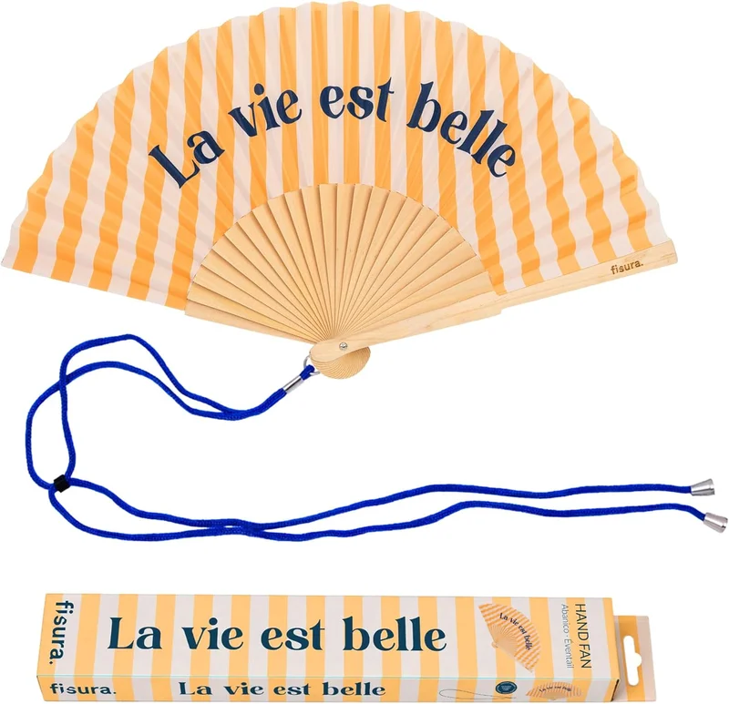 Fisura - Original Fan with Message "Life is Beautiful" - Modern and Colourful Wooden Accessory - Yellow Striped Hand Fan - Includes Hand Strap - Fun Gift Idea - 42.5 x 23 cm