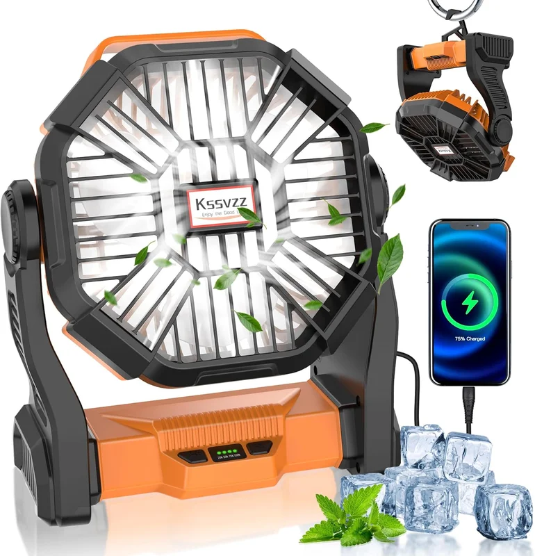 Camping Fan with LED, 4 Speeds 20000 mAh Rechargeable Fan, 270° Rotation USB Fan with Hook, Portable Battery Fan for Camping, Fishing, Office, Outdoor (Orange)