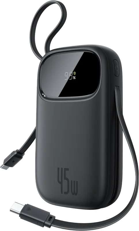 Baseus Powerbank 20000mAh 45W with 2 Integrated USB-C Cables, Power Bank PD3.0 QC4.0 External Batteries Quick Charge, 3C and 1A, Portable Charger for iPhone 17/16/15 Pro Max, iPad, Samsung, Black