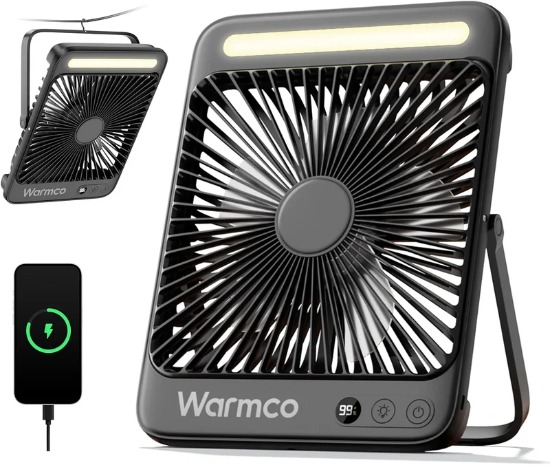 Warmco D4 Rechargeable Camping Fan 20000mAh, Up to 48 Hours | Ultra-Slim, LED Light, Hooks, Rechargeable Fan for Camping, Cruise, Outdoor, Bedroom
