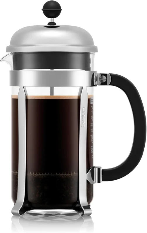 Bodum French Press Chambord - 1L/8 Cups Silver Coffee Maker - Resistant Glass & Stainless Steel Filter - BPA Free Dishwasher Safe - Made in Portugal