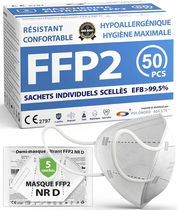 ADESTE – 50 Masques FFP2 Blancs Certifiés CE, approvisionnement contrôlé, élastiques confortables, hypoallergéniques et réglables. EFB 99,5%. Emballage individuel