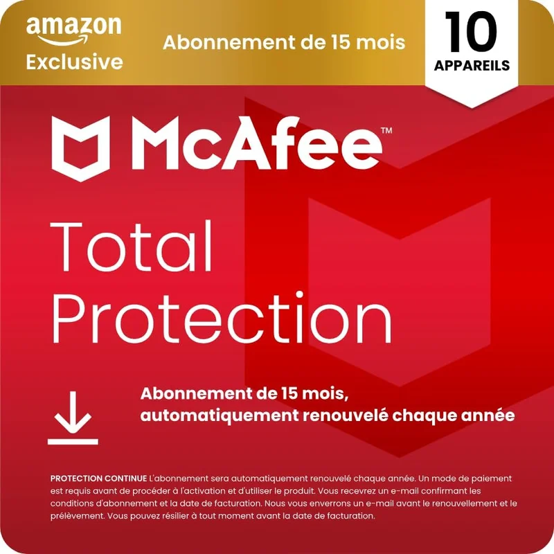 McAfee Total Protection 10 Appareils 2026, 15 mois| Amazon Exclusivité, Antivirus, VPN, Logiciel de sécurité | Abonnement, automatiquement renouvelé chaque année | Téléchargement numérique