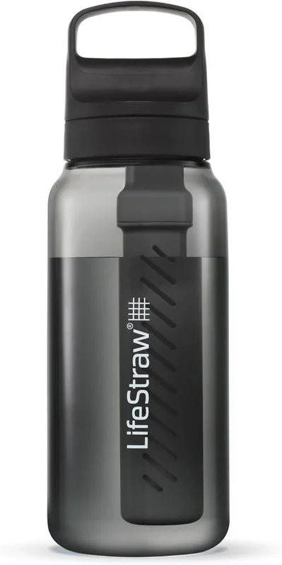 LifeStraw Go Series - BPA Free Filter Water Bottle 1L for Travel and Everyday Use Eliminates Bacteria, Parasites and Microplastics. Improves Taste, Nordic Black (Black)