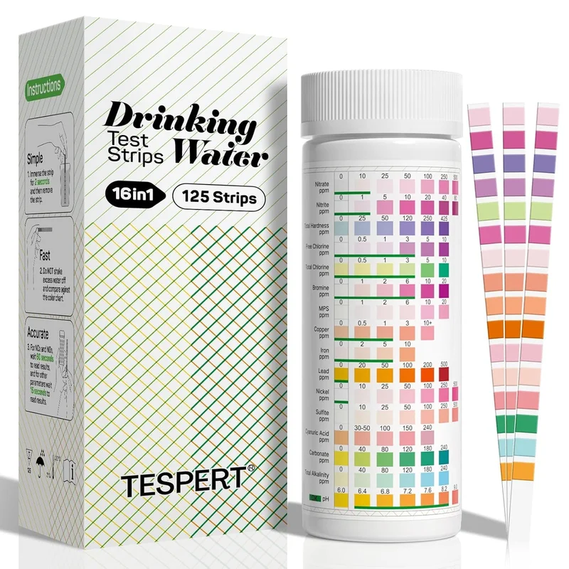 Water Test Kit for Drinking Water - 125 Strips 16 in 1 and Drinking Water Test Kit TESPERT Water Test Strips with Hardness, PH, Mercury, Lead, Iron, Copper, Chlorine, Cyanuric Acid
