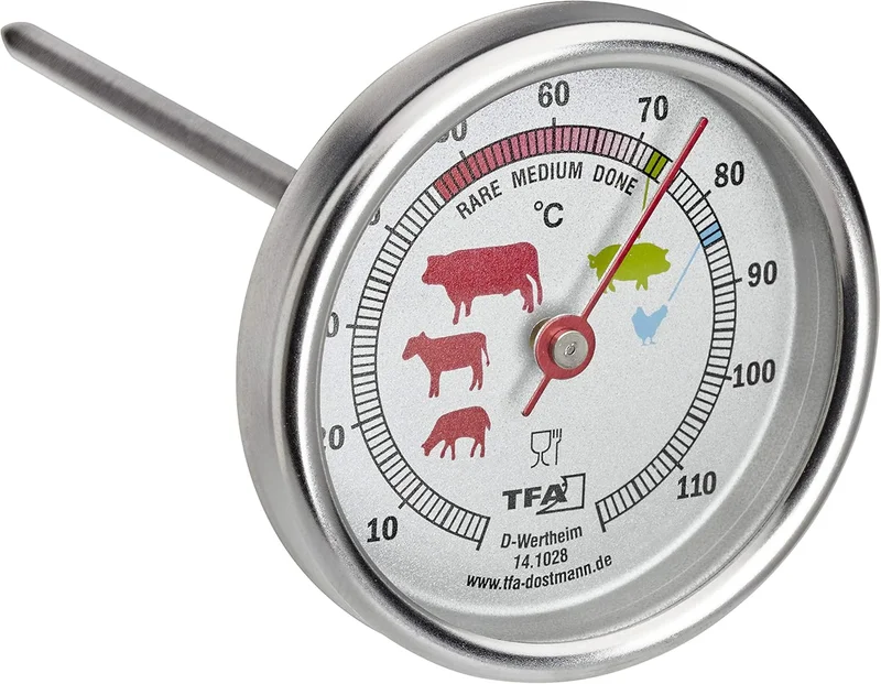 TFA Dostmann 14.1028 Stainless Steel Analogue Meat Thermometer Ideal for Meat, Fish, Poultry, BBQ Thermometer, Perfect Roasting, Silver