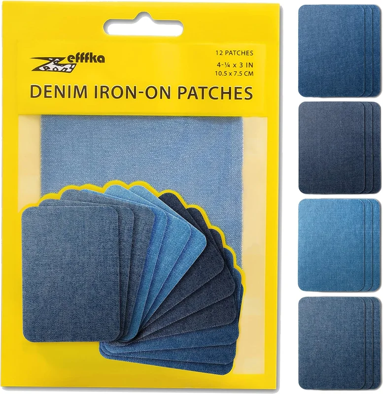 ZEFFFKA Denim Iron-On Jeans Patches Interior Exterior Glue Stronger 100% Cotton Decoration Repair Blue Shades Assorted 12 Pcs Size 3" x 4-1/4" (7.5cm x 10.5cm)