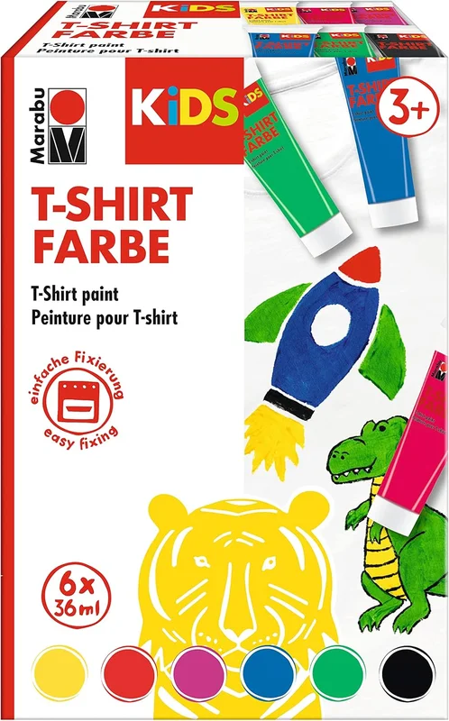 Marabu 0308000000010 - Kids Peinture pour t-Shirt, Peinture pour Tissu pour décorer Les Textiles, 6 x 36 ML, après Fixation, résistant au Lavage jusqu'à 60 °C, pour Enfants à partir de 3 Ans