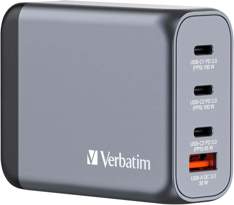 Verbatim GaN 100W Charger, 4-Port USB-C Charger, AC Adapter with 3 x USB-C and 1 x USB-A, Multi-Socket Quick Charger, for Laptop, Tablet, Smartphone and More