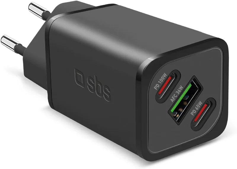 SBS 100W Multiport Charger, 2 USB-C Ports, 1 USB-A Port, GaN, Power Delivery, Compact, Ideal for Android Smartphones, iPhone, Tablet, MacBook, Laptop