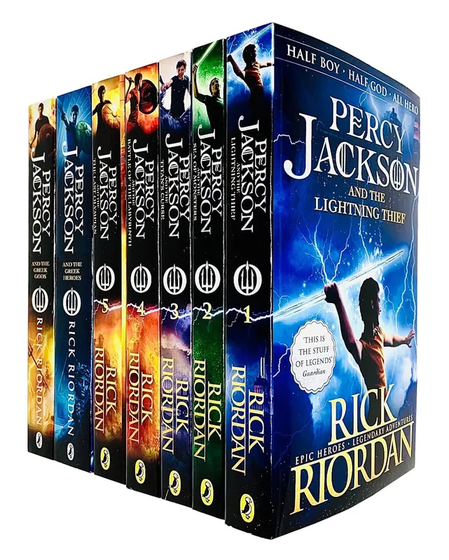 Percy Jackson Collection Lot de 7 livres (Voleur de foudre, mer de monstres, malédiction des titans, bataille du labyrinthe, dernier olympien, héros grecs, dieux grecs)