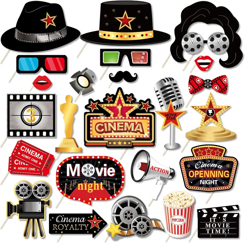 Lot de 25 accessoires de photomaton pour soirée cinéma, enterrement de vie de jeune fille, décorations d'anniversaire