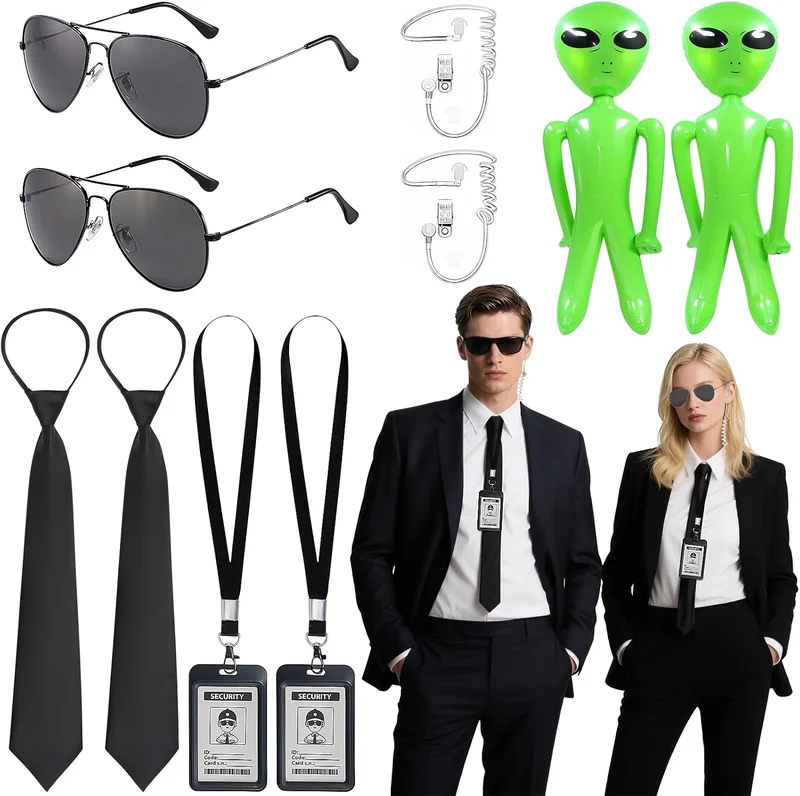 Agent Costume Accessories Set, Secret Agent Dress Up Kit with ID Holders Black Ties Sunglasses Earpieces Inflatable Props Green Aliens for Women Men Halloween Cosplay Carnival Fancy Dress Party Props