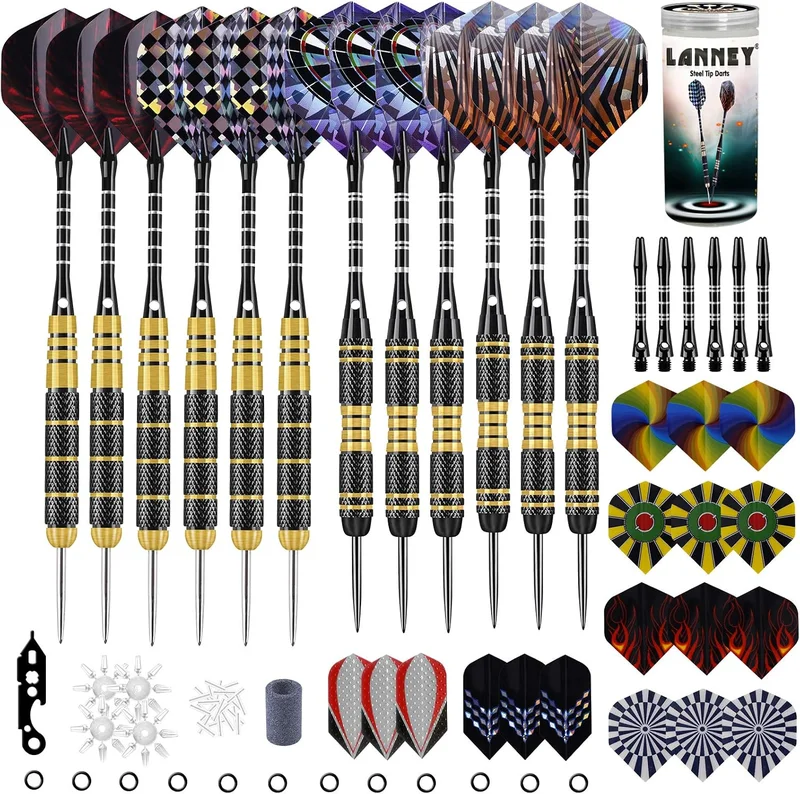 LANNEY Professional Steel Tip Darts Set - 24g and 20g - Metal Tip Darts with Aluminum Shafts and Brass Body, Extra Flights, Sharpening Tool Kit,