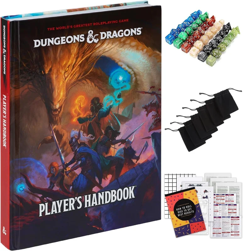 Donjons et Dragons Boîte d’initiation, kit de démarrage jeu de société DND 5e édition pour débutant avec 6 jeux de dés, sacs en flanelle, figurines, héros, écran maître, contenu imprimable