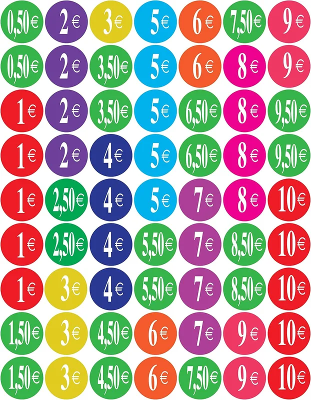30258 - Lot de 315 Stickers - 5 Feuilles de 63 Etiquettes Adhésives Rondes 25mm - Prix divers de 0,50€ à 10€