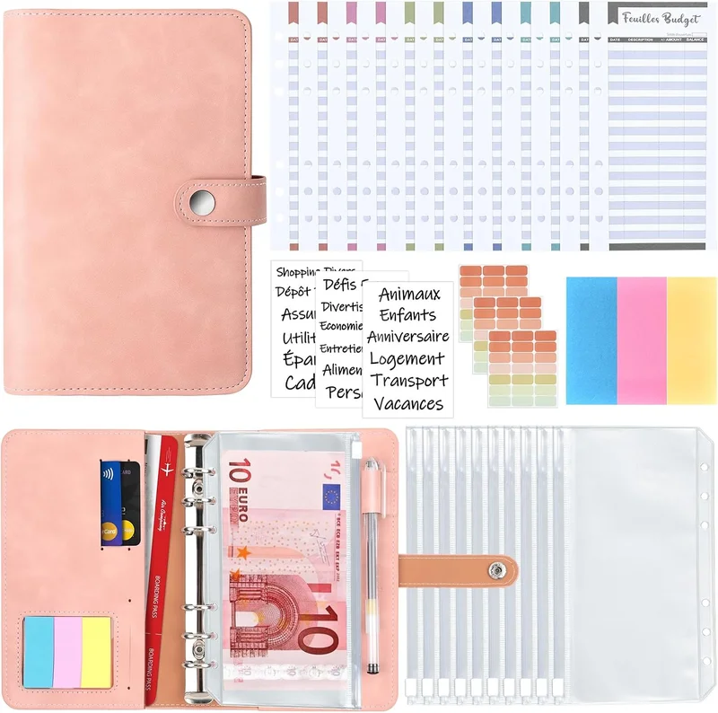 AiQInu Classeur A6, en PU Cuir Budget Planner Couverture avec 10 PVC Enveloppe Budget, 12 Feuilles Budget en Français, 3 Autocollants de Mots Français et 3 Autocollants