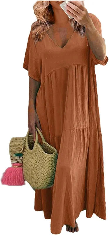 Robe Femme en Coton Lin Chic et Elegant D'Été À Manches Courtes À Col en V De Couleur Unie Respirant Grande Taille Robes De Plage 2025 Mode Fluide Swing Décontractée Cocktail Club Dresses