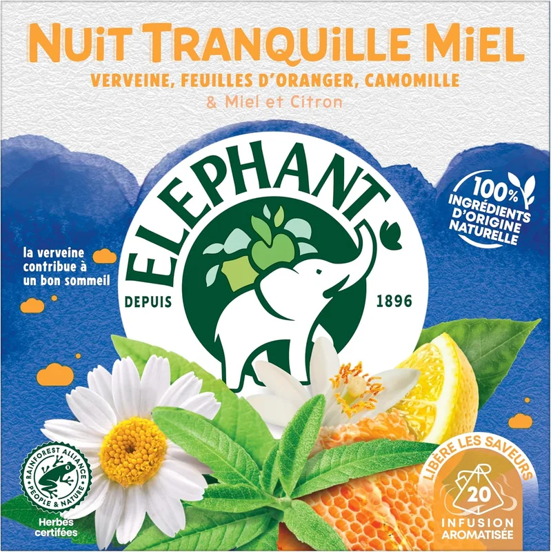 Elephant Nuit Tranquille Relaxing Herbal Tea Honey Chamomile Verbena 20 Sachet
