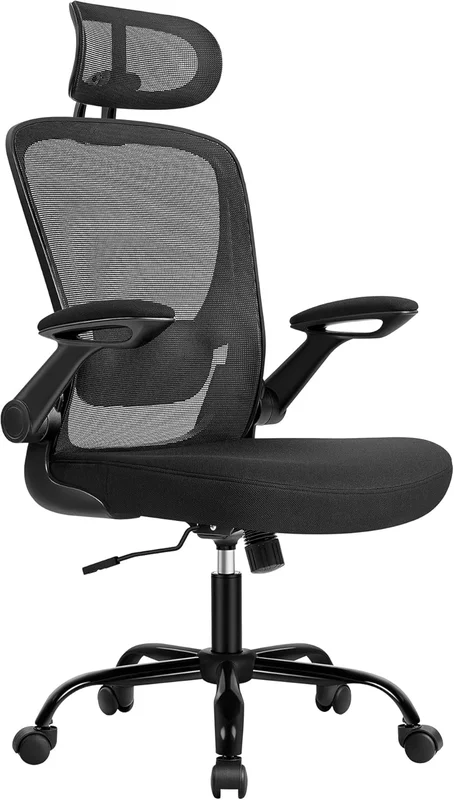 SONGMICS Chaise Bureau Ergonomique, Tissu en Maille, Support Lombaire, Appui-tête, Mécanisme à Bascule, Assise Large de 53 cm, Accoudoirs Rabattables, pour Bureau, Chambre, Noir d'encre OBN047B01