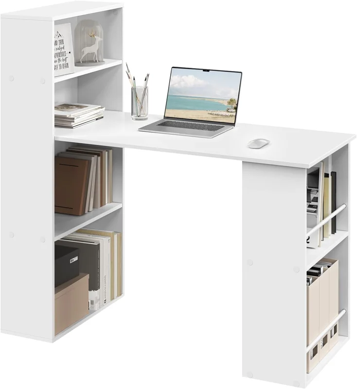 eSituro Bureau avec Étagères des Deux Côtés et Rangement, 120x55 cm, Blanc