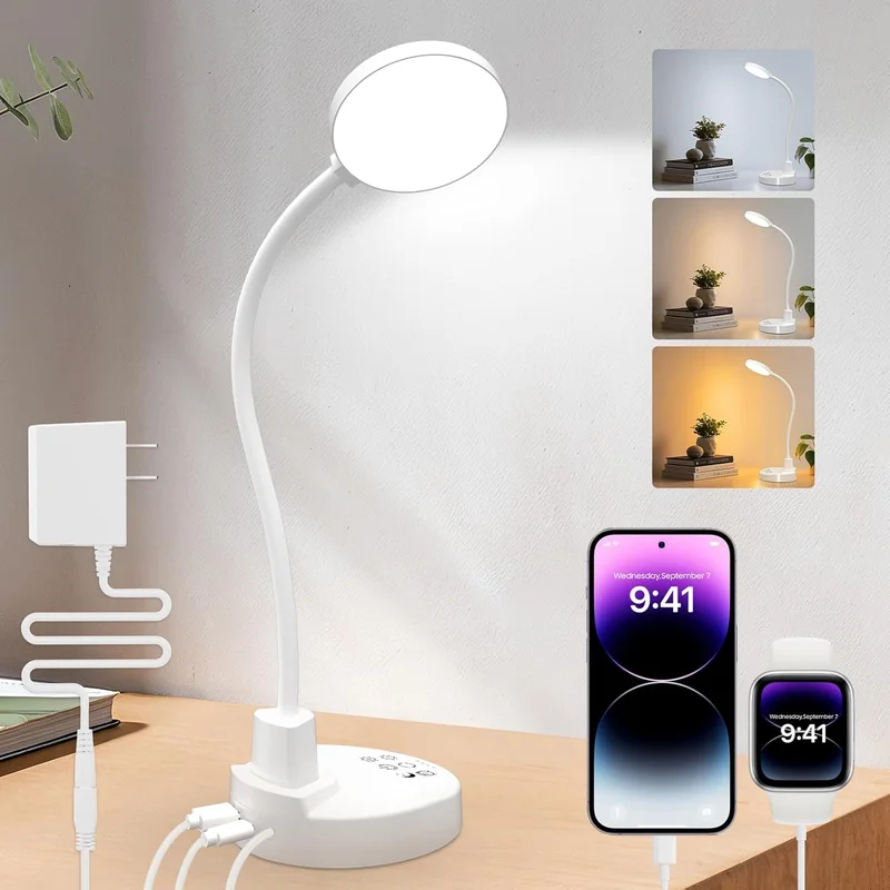 15W Lampe de Bureau LED avec Ports USB-A & USB-C - Dimmable, 3 Températures de Couleur, 5 Niveaux de Luminosité, 4 Minuteries, Cou 360° Flexible, Confort Visuel, pour Bureau et Chambre [Classe énergétique A]
