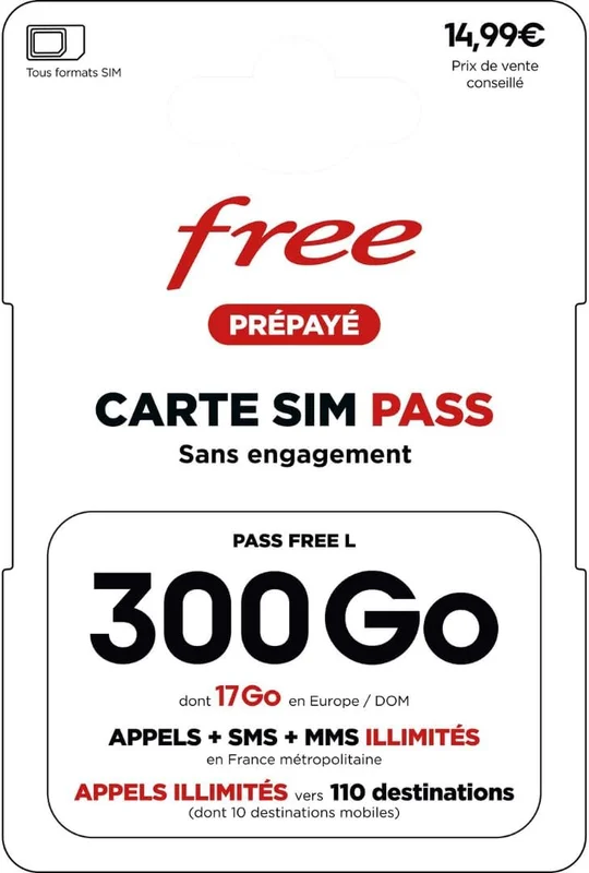Carte SIM Free Pass L : Forfait 300 Go 5G Ultra-Data + Appels/SMS Illimités & 17 Go depuis l’Europe – Offre Mobile Sans Engagement