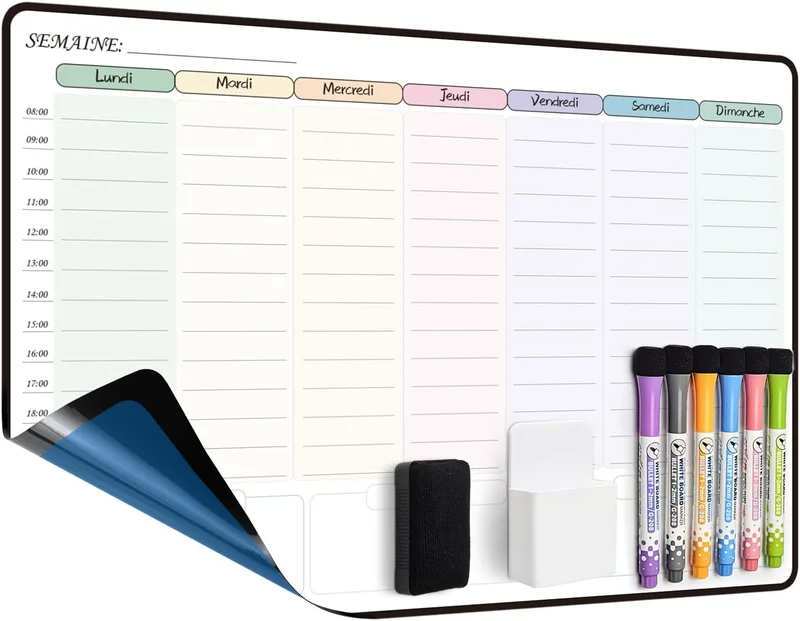 MCCORL Adhesive Whiteboard Calendar Wall Planner, Erasable Weekly Planner Perfect for Planning Tasks, Weekly Family Meal Organiser – in French (42 x 28 cm)