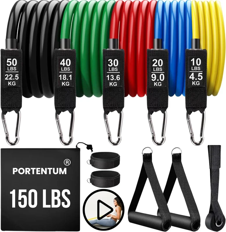 PORTENTUM Elastique Musculation avec 5 Niveaux différents allant jusqu'à 150 lbs (68 kg), Idéales pour de TRX ou d'un Gymnase à Domicile, Multicolore