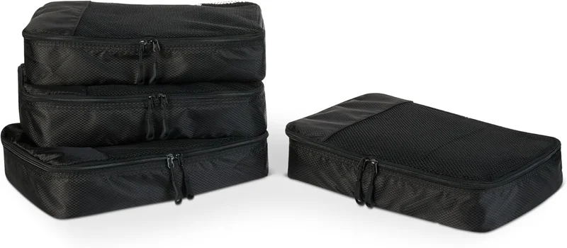 Amazon Essentials Ensemble de 4 Cubes de Rangement, Organisateurs de Voyage avec Double Fermeture Éclair, Dessus en Maille, 100% Polyester, Taille M, Noir (Anciennement Amazon Basics)