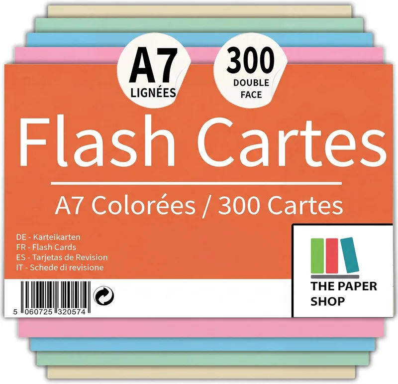 The Paper Shop Fiches de Révision A7 Blanches Couleur | 300 Fiches Bristol 127 × 76 mm (5 × 3) | Grandes Flashcards Index Cards pour École Études Apprentissage Vocabulaire Organisation