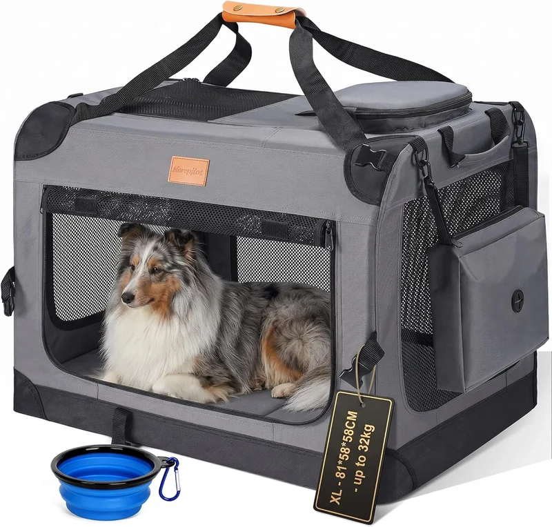 Morpilot Large Dog & Cat Carrier | Soft-Sided Pet Travel Crate, Foldable Dog Car Crate for Max 32kg, with Collapsible Bowl, Shoulder Strap & Storage Pockets, Grey
