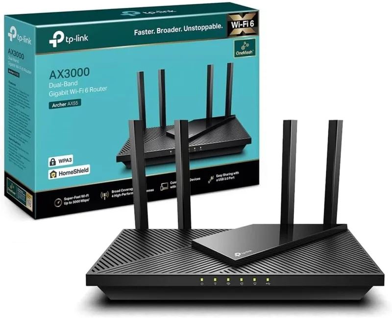 TP-Link Archer AX55 WiFi Router 6, 3000Mbps Dual-Band AX WiFi Router, 5 Gigabit Ports, 4 High Performance Antennas, WPA3, Parental Control, OneMesh, Built-in Anti-Virus