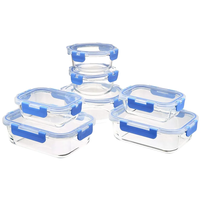 Amazon Basics Lockable Glass Food Storage, 14 Pieces, 7 Containers and 7 Lids BPA Free, Transparent with Blue Silicone Circle