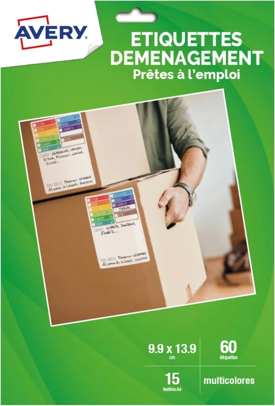 Avery - Pochette de 60 étiquettes Déménagement Permettant d'identifier les Cartons, Format Rectangulaire 9.9 x 13.9 cm