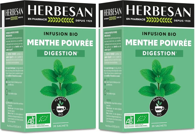 HERBESAN -Organic French Peppermint - Organic Infusion - DIGESTIVE COMFORT - Plastic-Free - 100% Plant - 20 Paper Bags (Pack of 2)