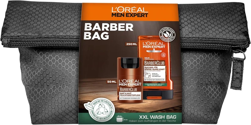 L'Oréal Men Expert Kit de soin de barbe pour homme avec crème pour le visage, gel douche et trousse de toilette, cadeaux pour homme avec huile de bois de cèdre, Barber Club, 1 x 50 ml, 1 x 250 ml