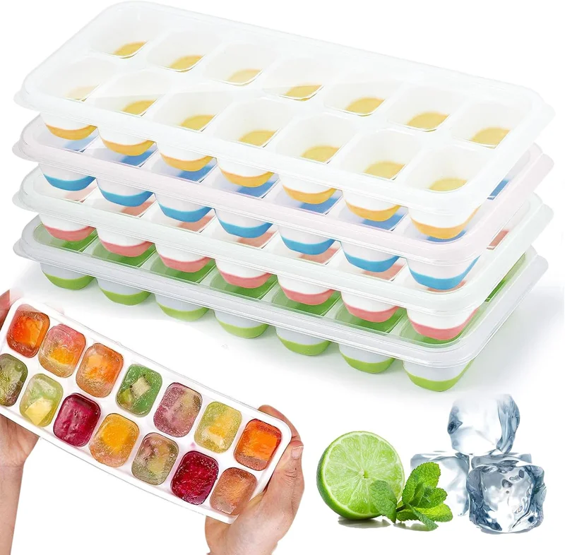 4 Piece Silicone Ice Cube Trays with Lid, Ice Cube Mould, LFGB Certified – BPA Free, Square Ice Cube Trays Easy to Remove (1 Green+1 Blue+1 Pink+1 Yellow)