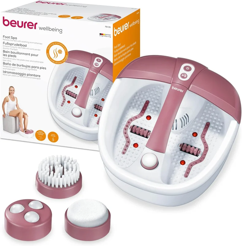 Beurer FB 35 bain de pied avec massage par vibrations et bulles, 3 embouts de pédicure interchangeables, maintien de la température et aromathérapie, adapté jusqu'à la pointure 44